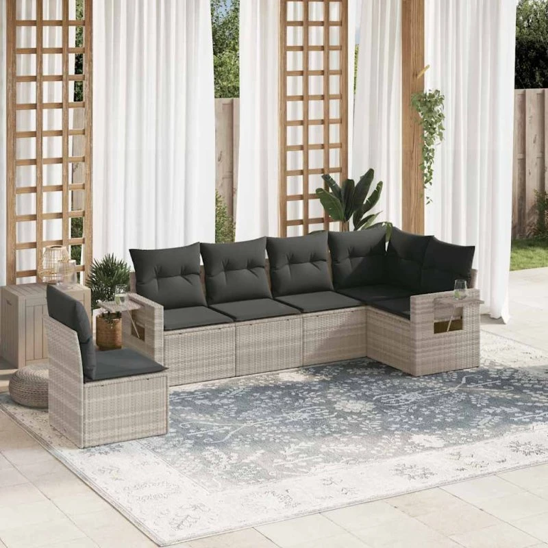 Havesofasæt 6 dele i lysegrå polyrattan med hynder