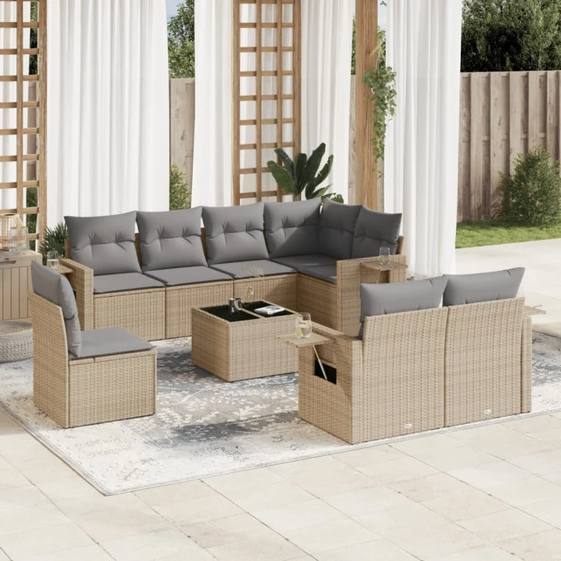 Sofasæt til haven 9 dele i polyrattan med hynder - beige