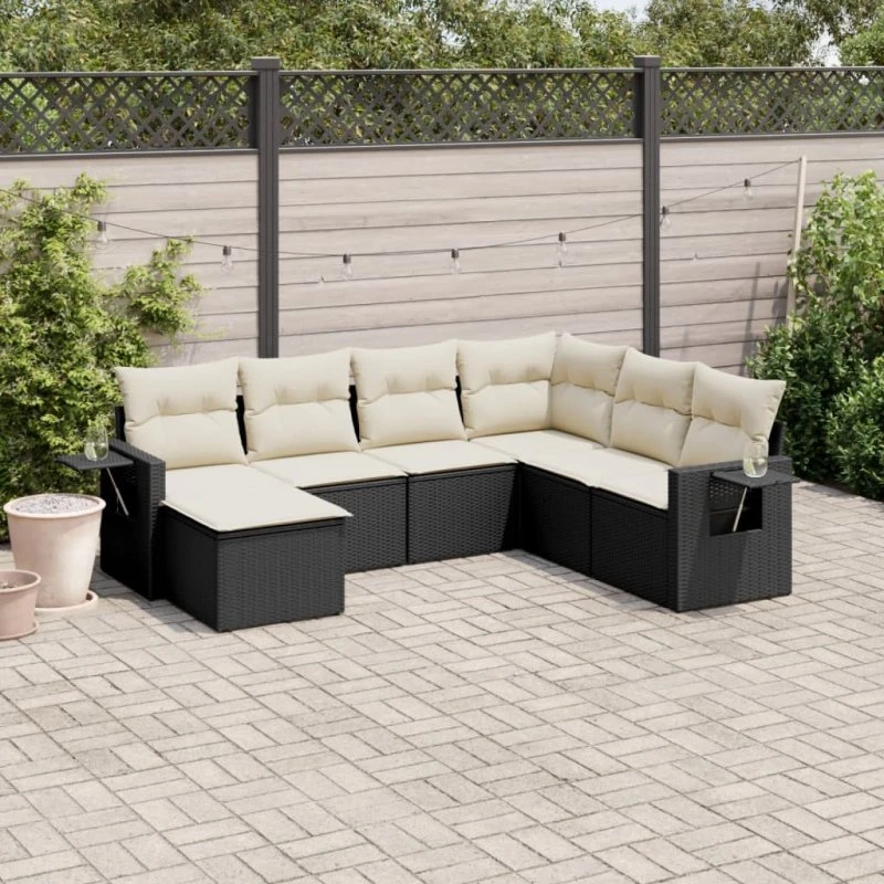 Sofasæt 7 dele til haven i sort polyrattan med hynder