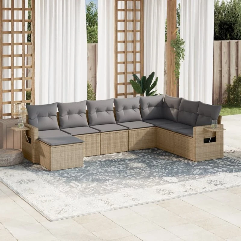 Havesæt 8 dele i polyrattan med hynder - Beige