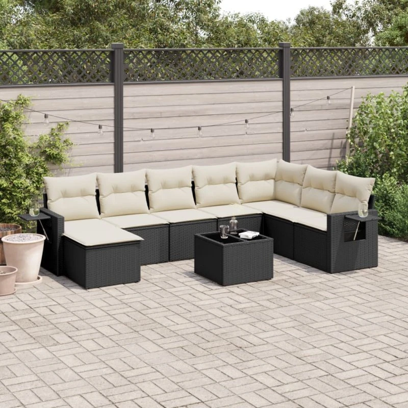 Havesofasæt 9 dele i sort polyrattan med hynder