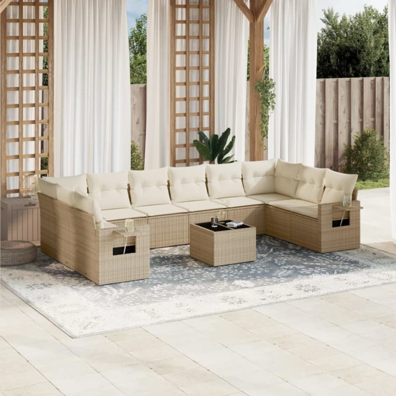 Havesofasæt 11 dele i beige polyrattan med hynder