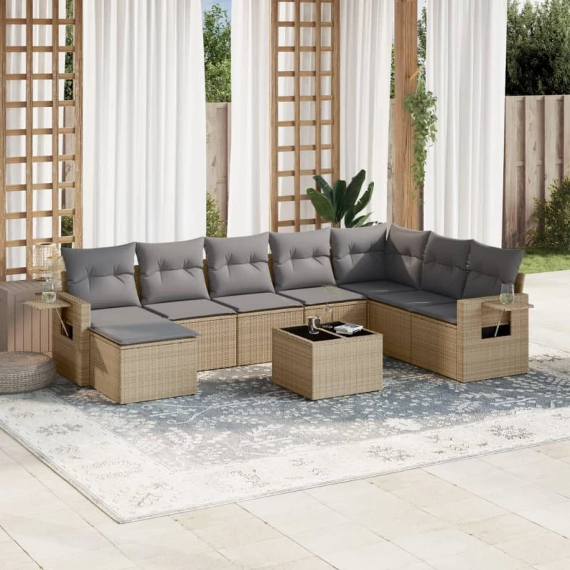Havesofasæt 9 dele i beige polyrattan inkl. hynder