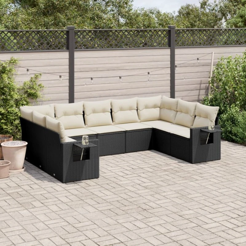 Havesofasæt 9 dele i sort polyrattan med hynder