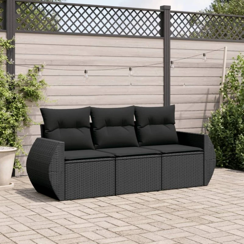 Sofasæt til haven 3-dele i sort polyrattan med hynder