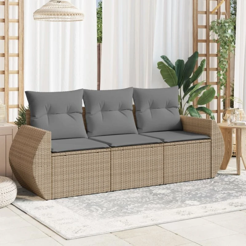 Havesofasæt 3 dele i polyrattan med hynder - beige