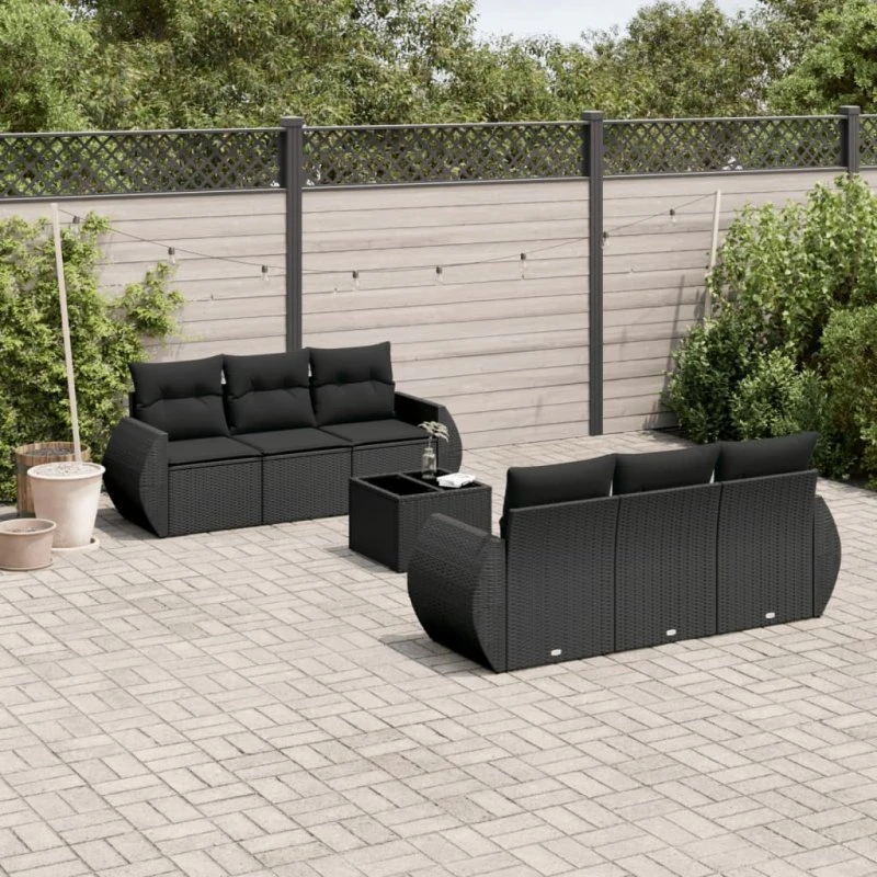 7-dele sofasæt til haven i sort polyrattan med hynder