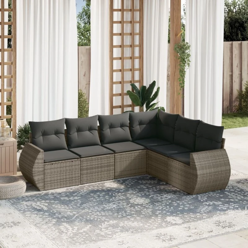 Havesofasæt i polyrattan 6 dele med hynder, grå