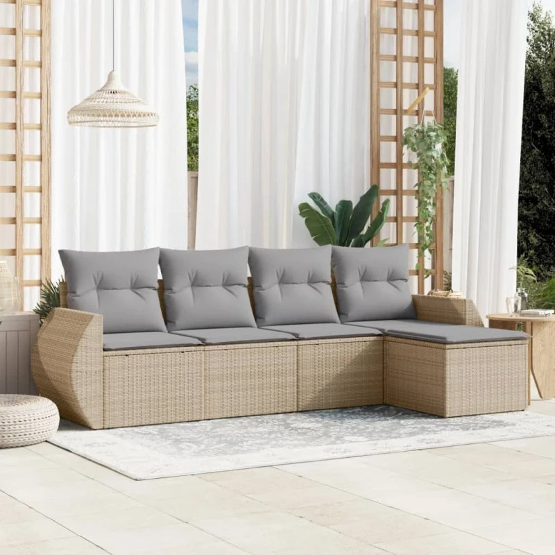 Havesofasæt 5 dele i polyrattan med hynder - beige