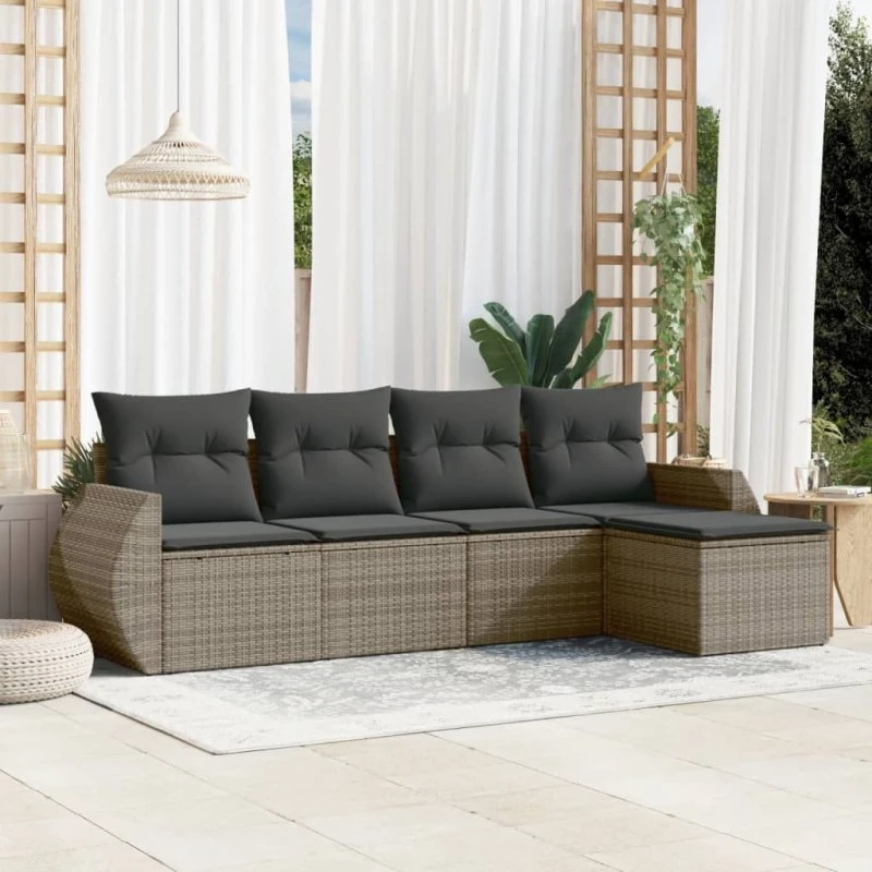5-dele polyrattan sofasæt med hynder, gråt