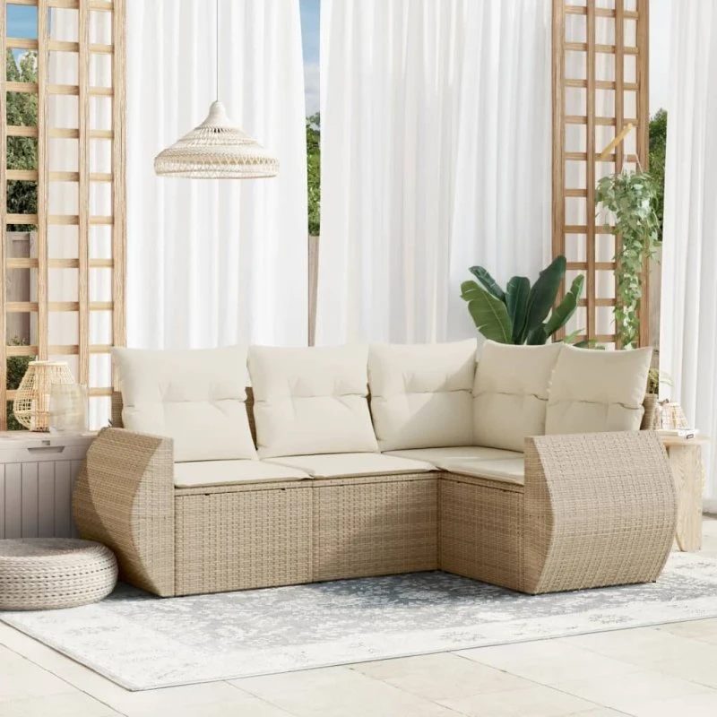 4-dele havemøbel sæt i polyrattan med hynder – beige