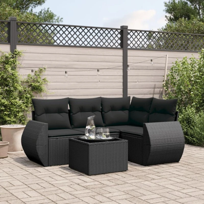 Sofasæt til haven 5 dele i sort polyrattan med hynder