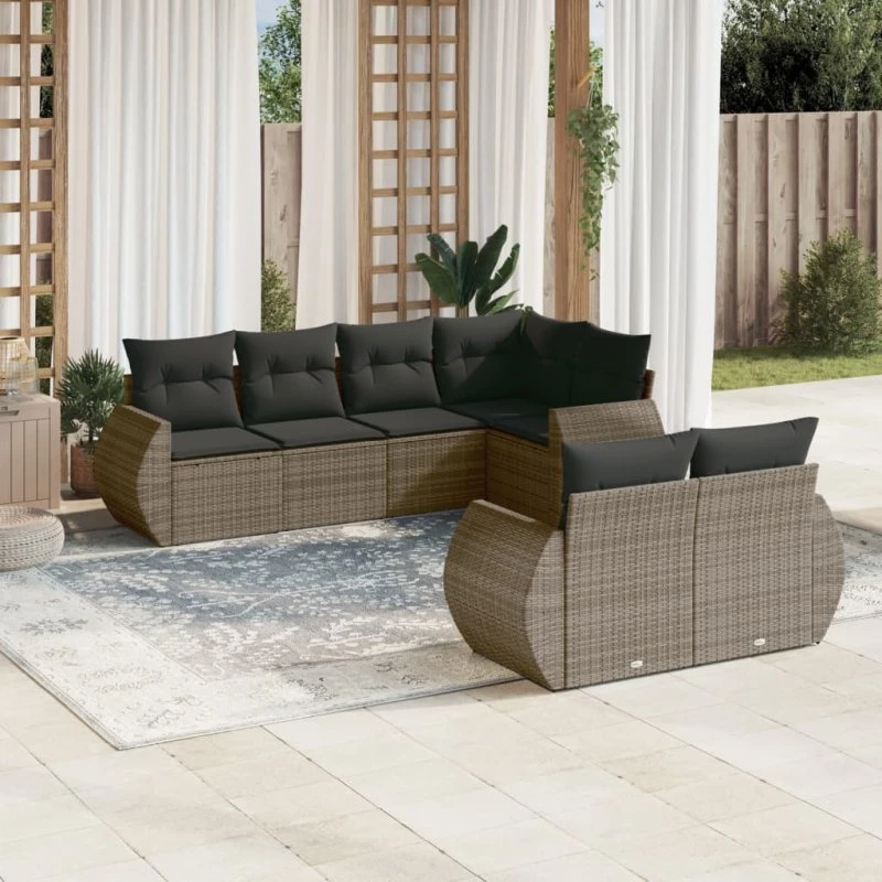 Havesofasæt 7 dele i polyrattan, grå med hynder