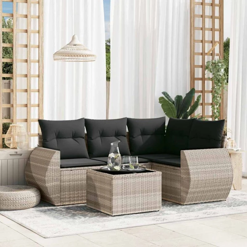 Sofasæt 5 dele i polyrattan med hynder, lysegrå