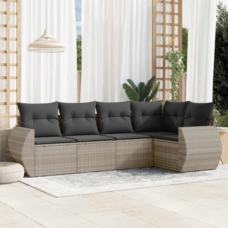 Sofasæt 5 dele i lysegrå polyrattan med hynder