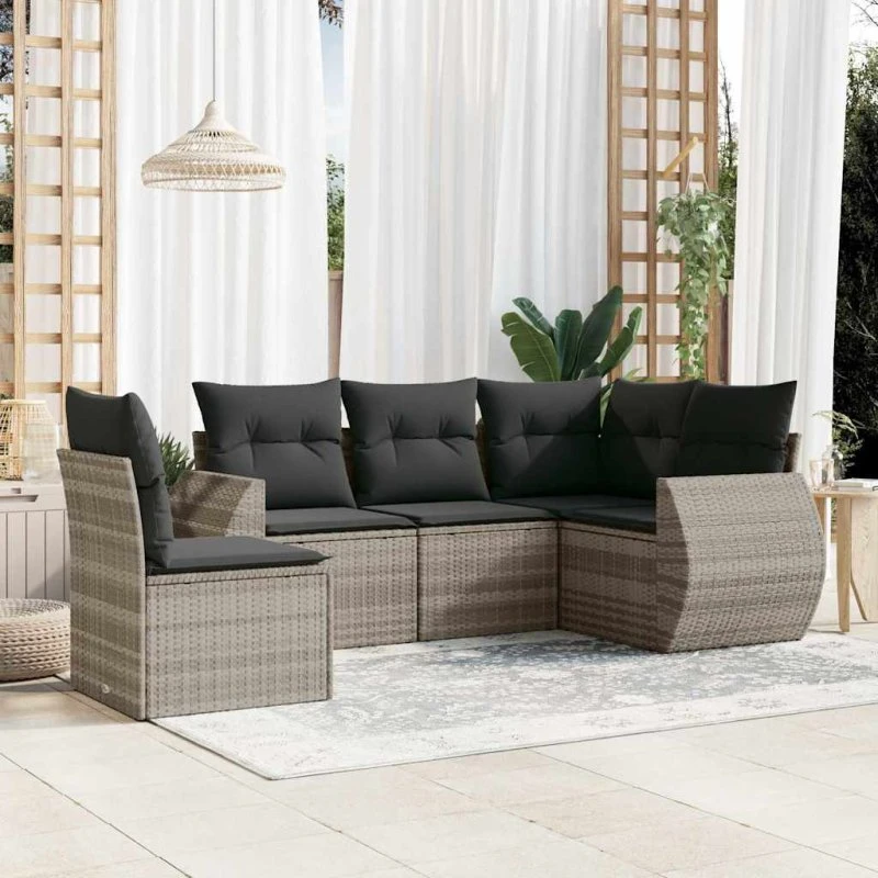 Sofasæt 5 dele i polyrattan med lysegrå hynder