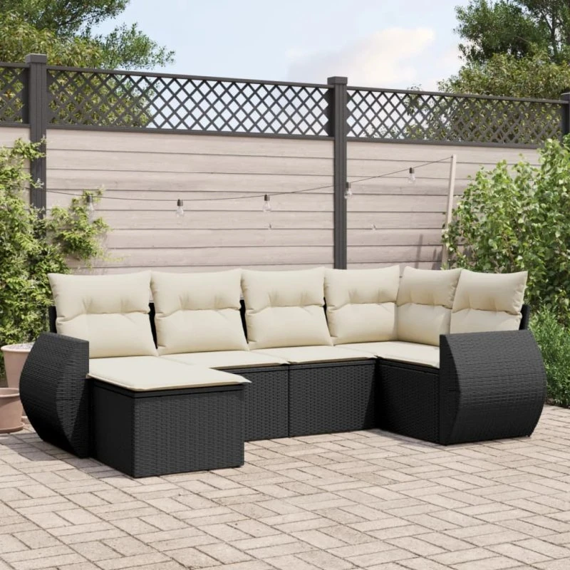 Sofasæt til haven 6 dele i sort polyrattan med hynder