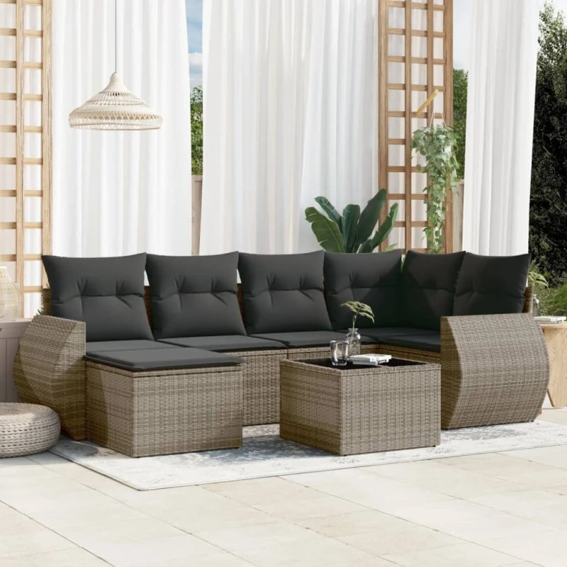 Havesofa sæt 7 dele i polyrattan grå med hynder