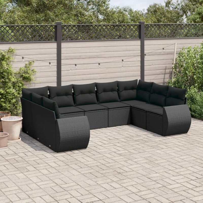 Havesofasæt 9 dele polyrattan sort med hynder