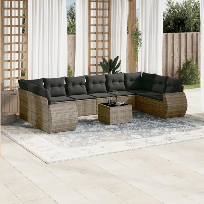 Loungesæt polyrattan 11 dele med hynder - grå