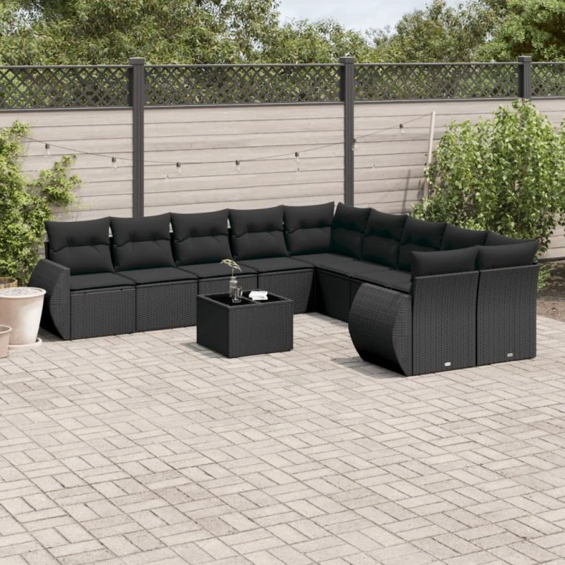 Havesofasæt i polyrattan 11 dele med hynder, sort