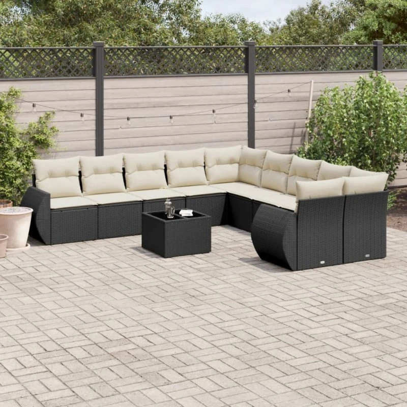 Sofasæt til haven 11 dele i polyrattan med hynder - sort