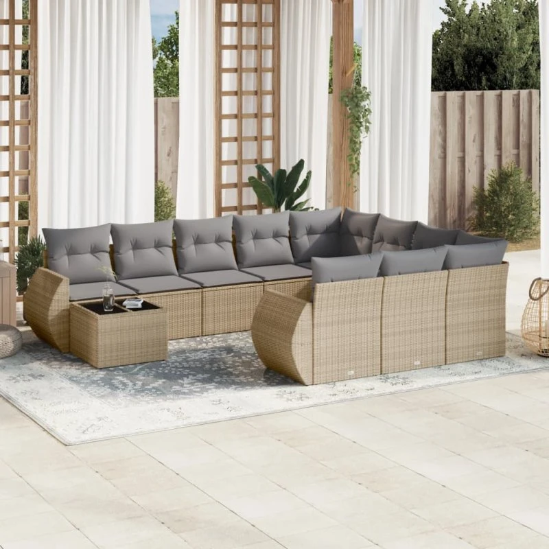 11-dele havemøbelsæt i polyrattan med hynder - beige