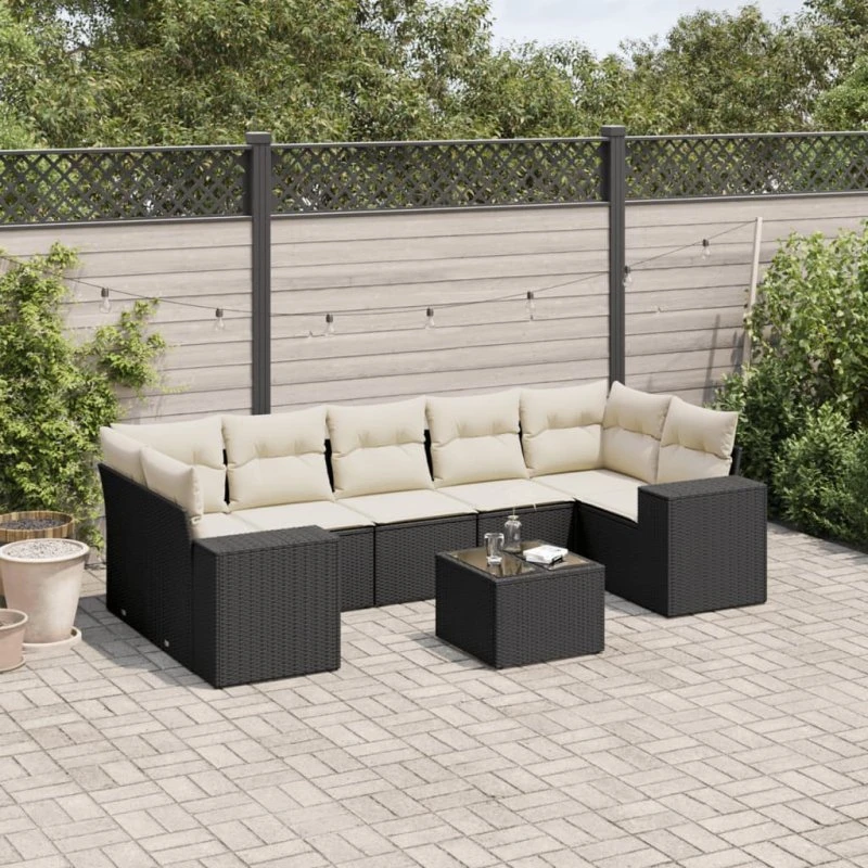 Havesofasæt 8 dele i sort polyrattan med hynder