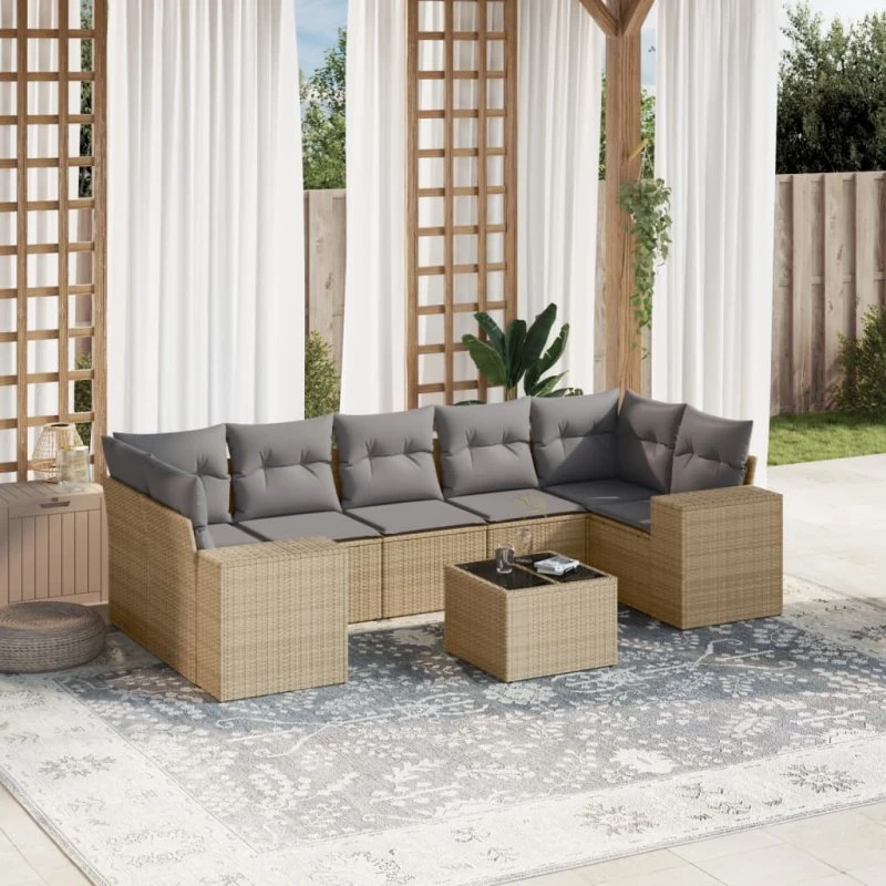 Havesæt 8 dele i polyrattan med hynder – Beige