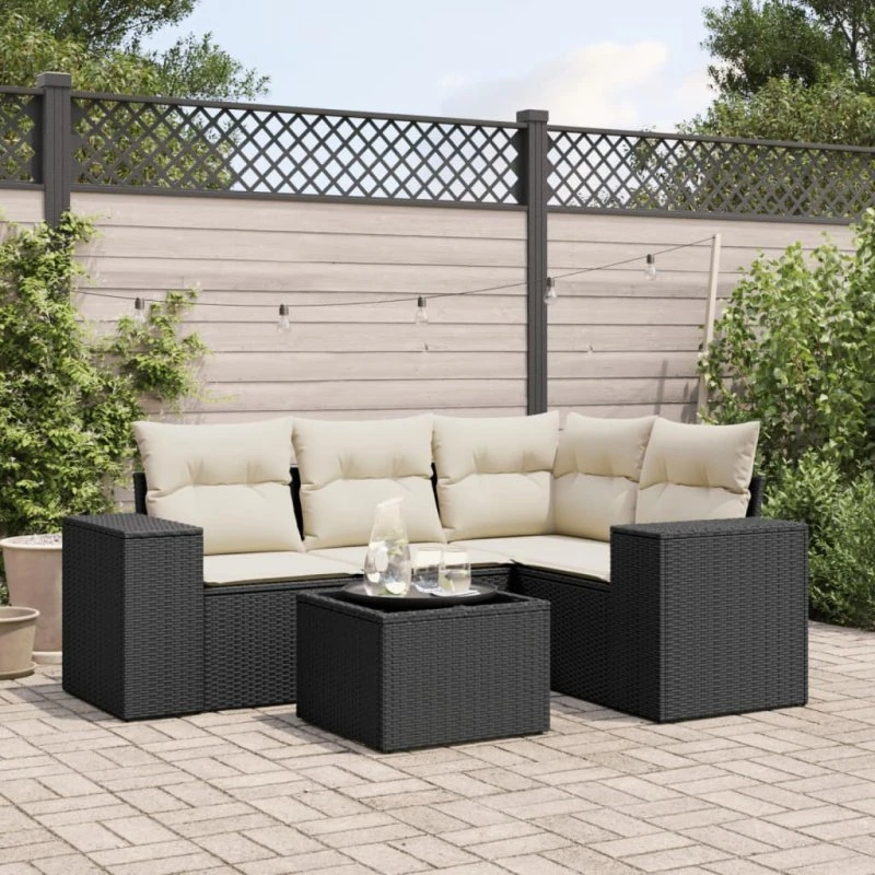 Havesofasæt 5 dele i polyrattan med hynder, sort