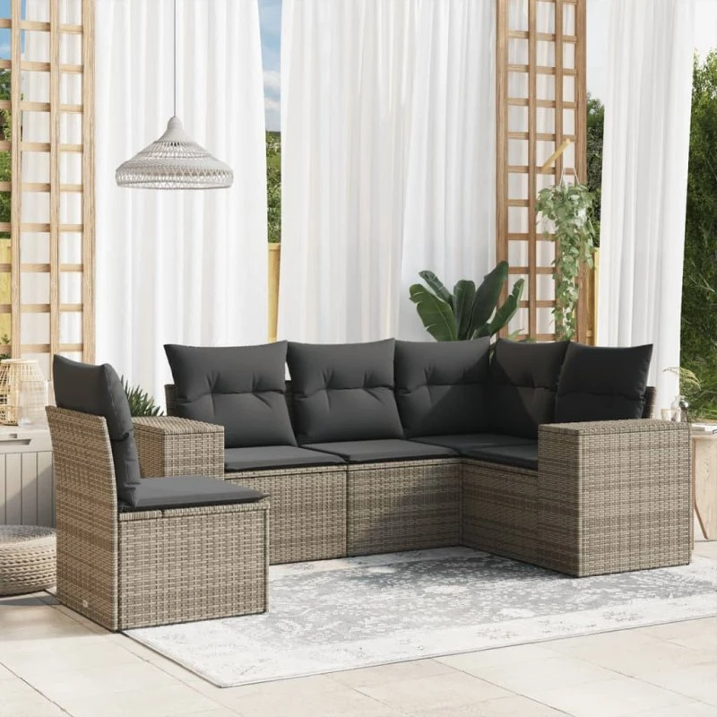 Havesofasæt 5 dele med hynder i grå polyrattan