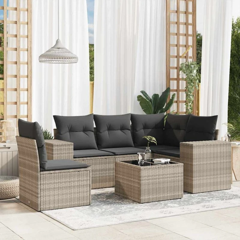 Havesofasæt 6 dele i lysegrå polyrattan m. hynder