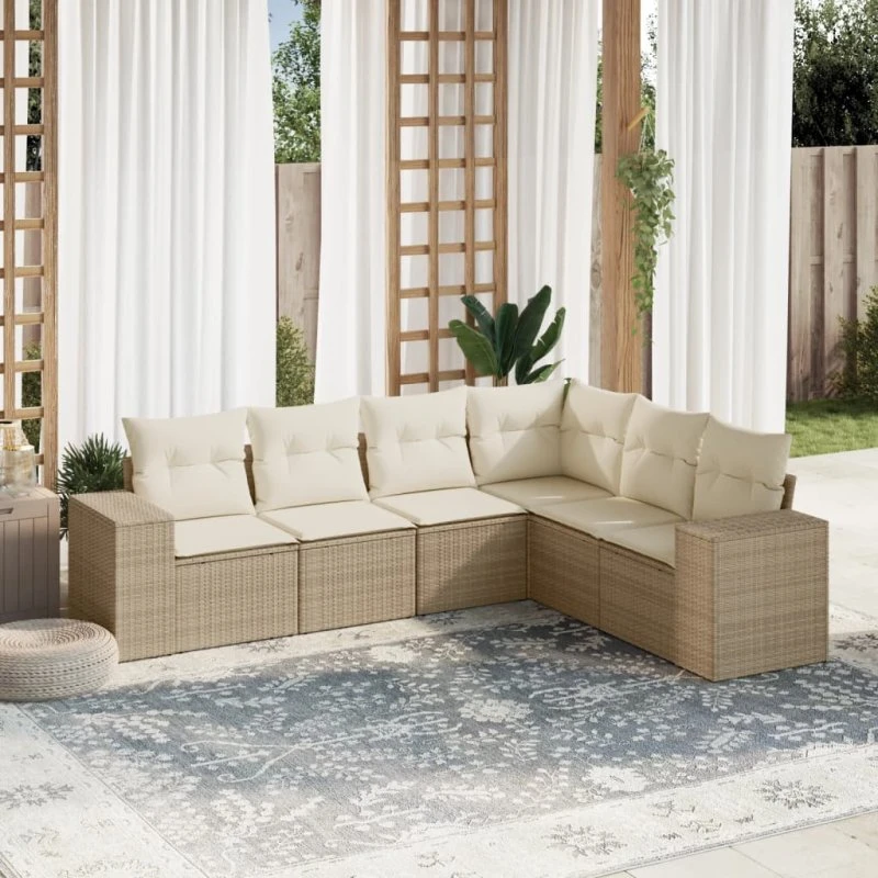 Havesæt 6 dele i polyrattan med hynder - beige