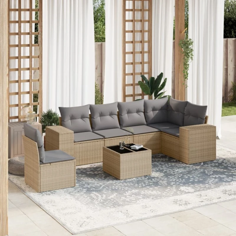 Polyrattan 7-delers havesofasæt med hynder (beige)