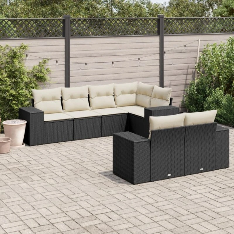 Sofasæt til have 7 dele i sort polyrattan med hynder