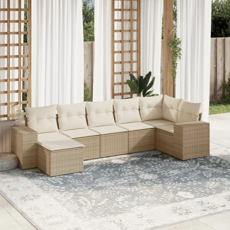 Havesofasæt 7 dele polyrattan med hynder – beige