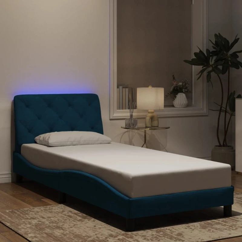 Sengeramme 90x190 cm i blå velour med LED-lys