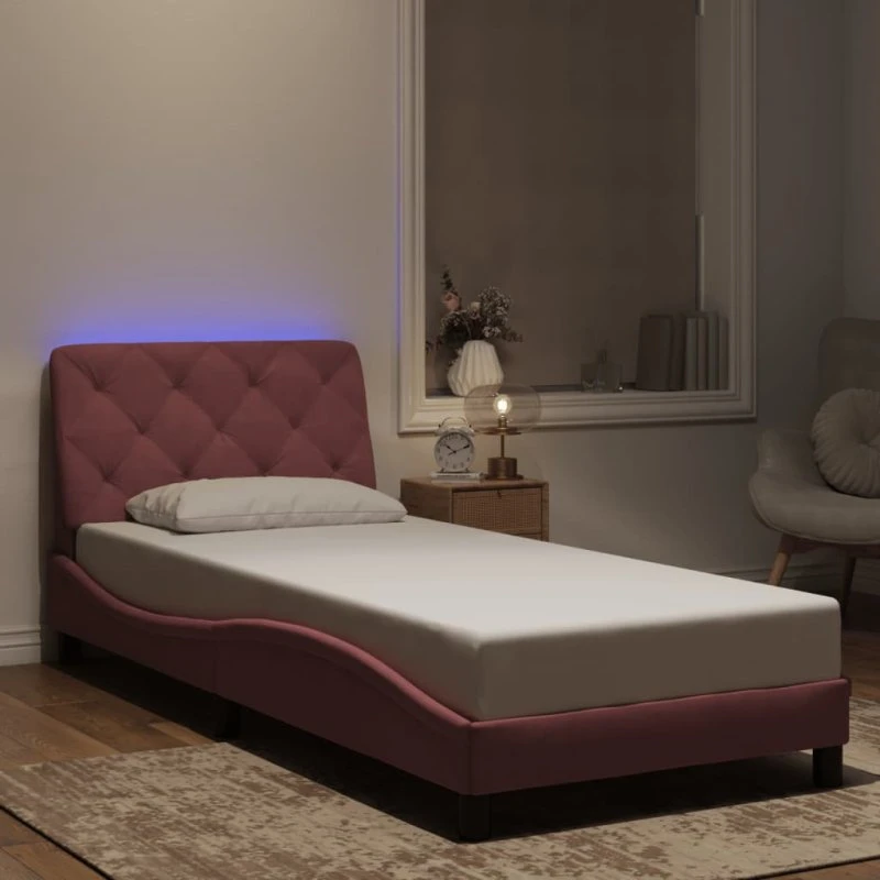 Sengeramme 90x190 cm velour med LED – pink