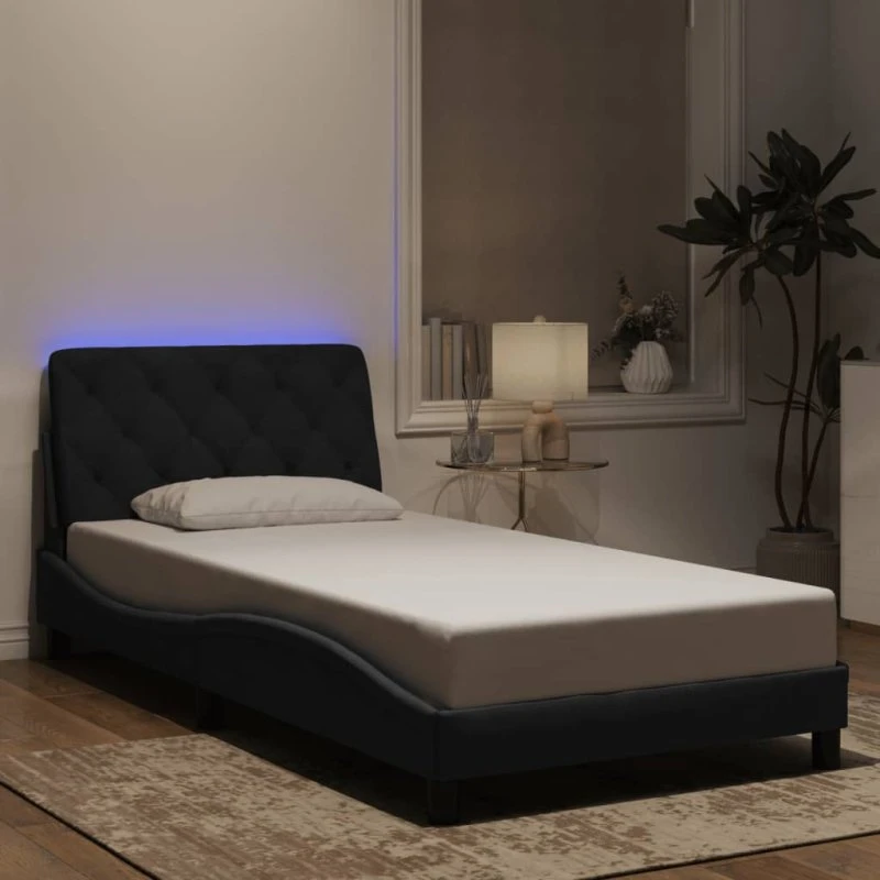 Sengeramme 100x200 cm i sort velour med LED