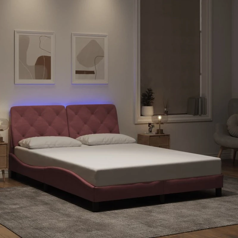 Sengeramme 120x200 cm i pink velour med LED