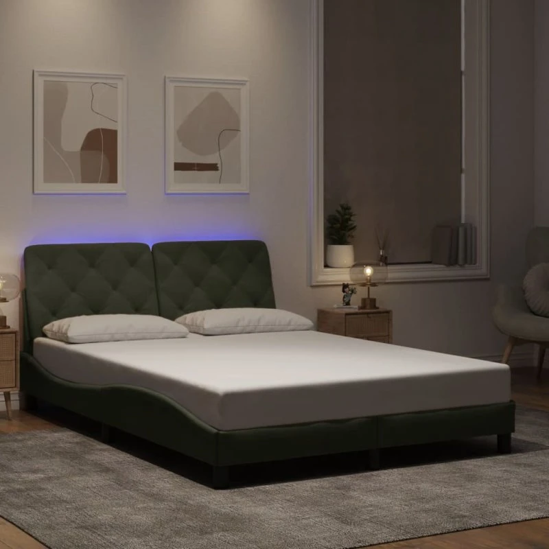 Sengeramme 140x190 cm i lysegrå velour med LED-lys