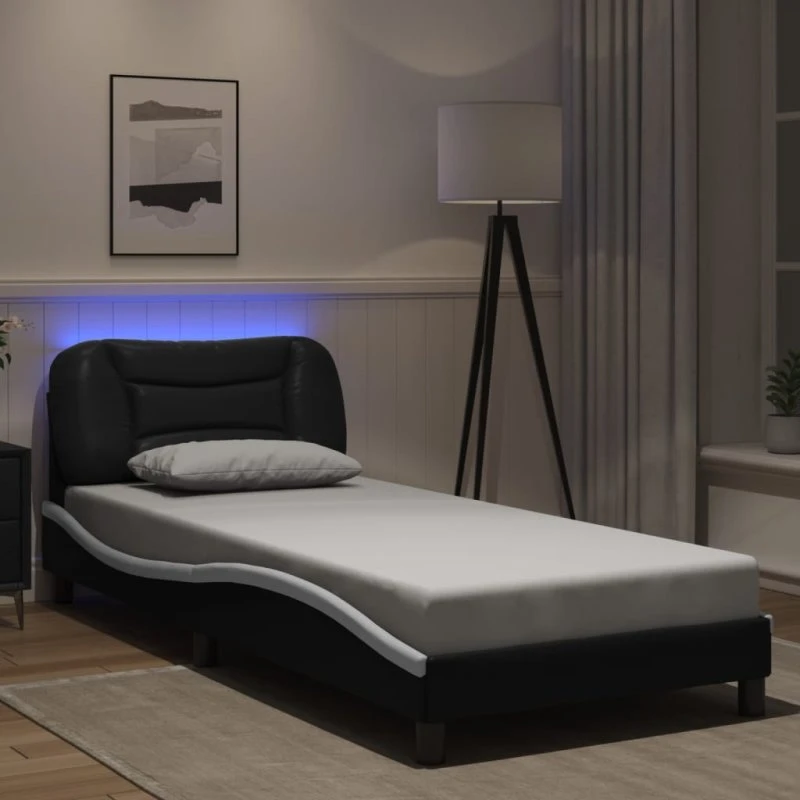 Sengeramme Hvar 90x200 med LED – kunstlæder, sort/hvid