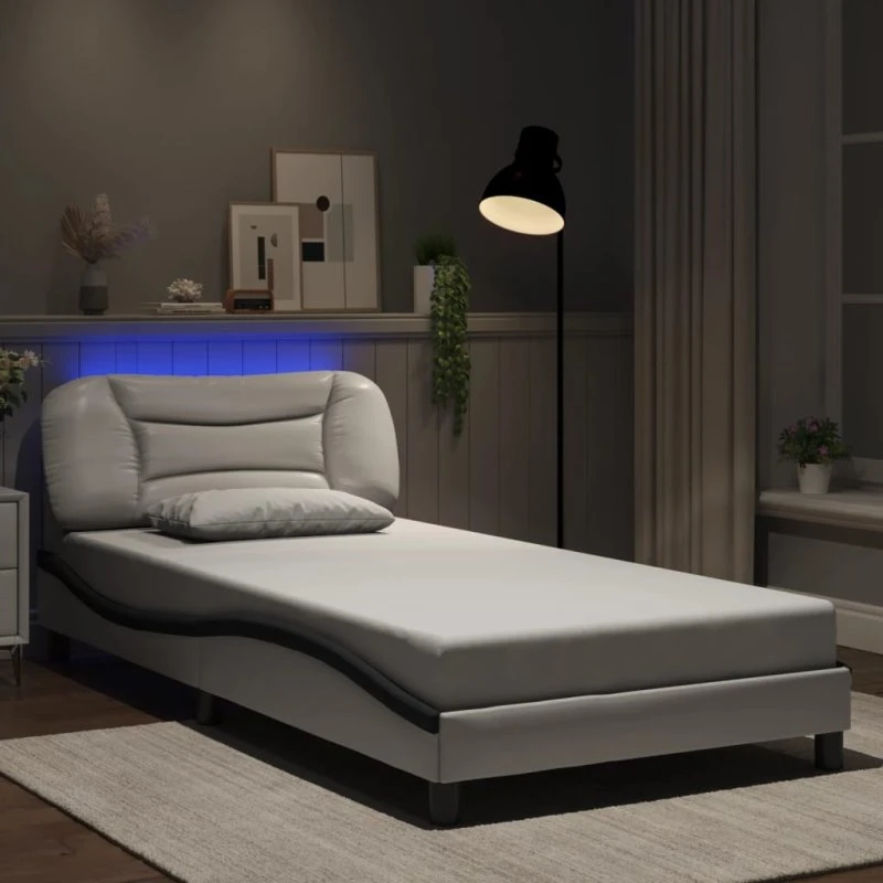 Sengeramme Hvar 100x200 cm med LED – kunstlæder, hvid/sort