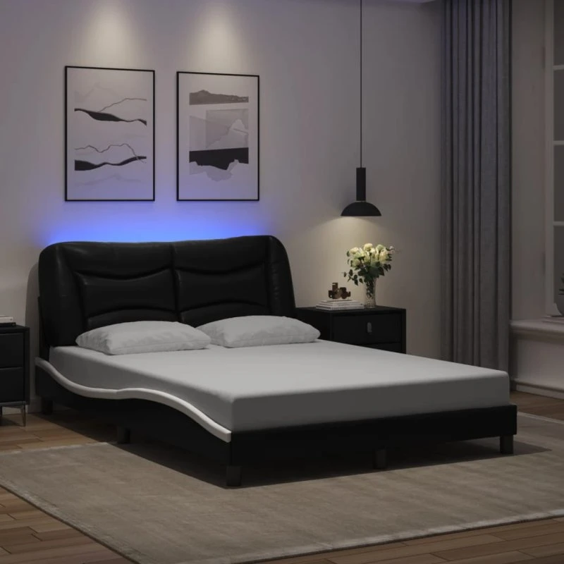 Hvar sengeramme 140x200 med LED – kunstlæder sort/hvid