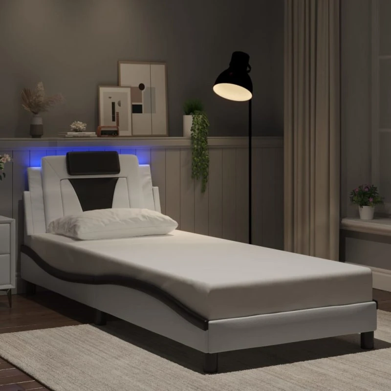Sengeramme Viana LED 90x200 cm - kunstlæder hvid/sort