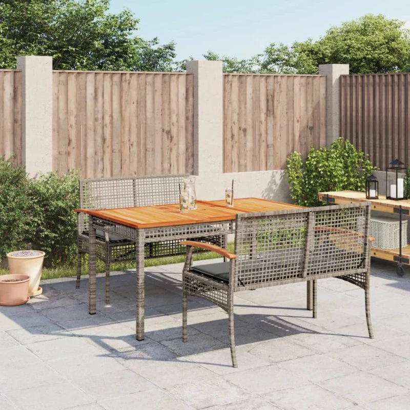 Spisebordssæt til have i polyrattan 3 dele med hynder, grå