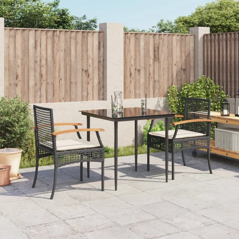 Spisebordssæt i polyrattan 3 dele med hynder – sort