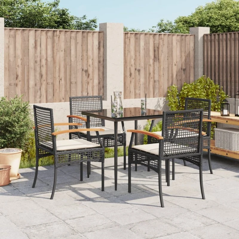 Spisebordssæt 5 dele i sort polyrattan med hynder