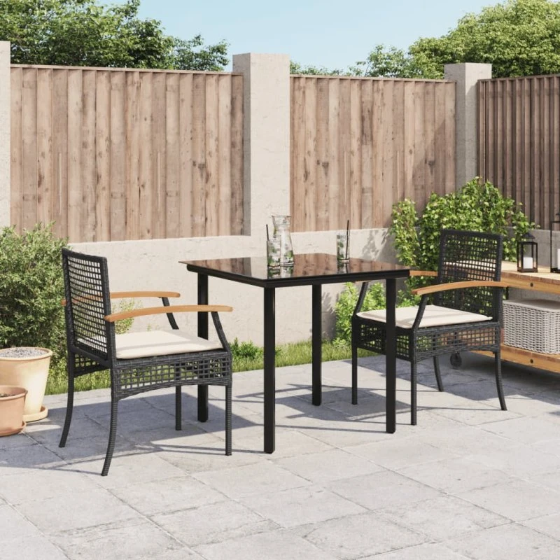 Spisebordssæt 3 dele i sort polyrattan med hynder