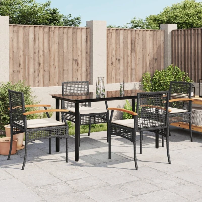 Spisebordssæt 5 dele i sort polyrattan med hynder